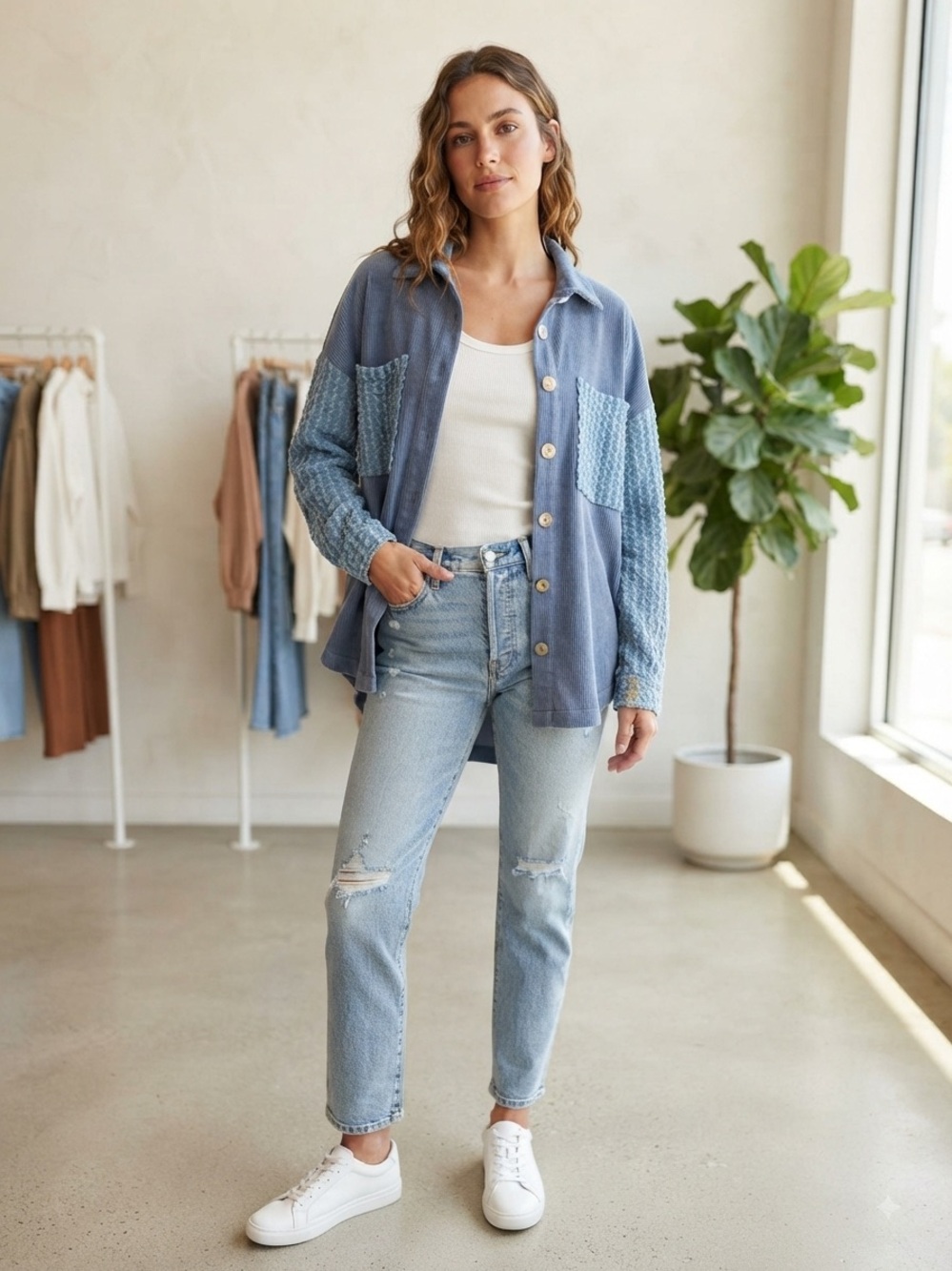 Textured Panel Button-Down Shirt in Dusty Blue NWOT (PTP 27”)